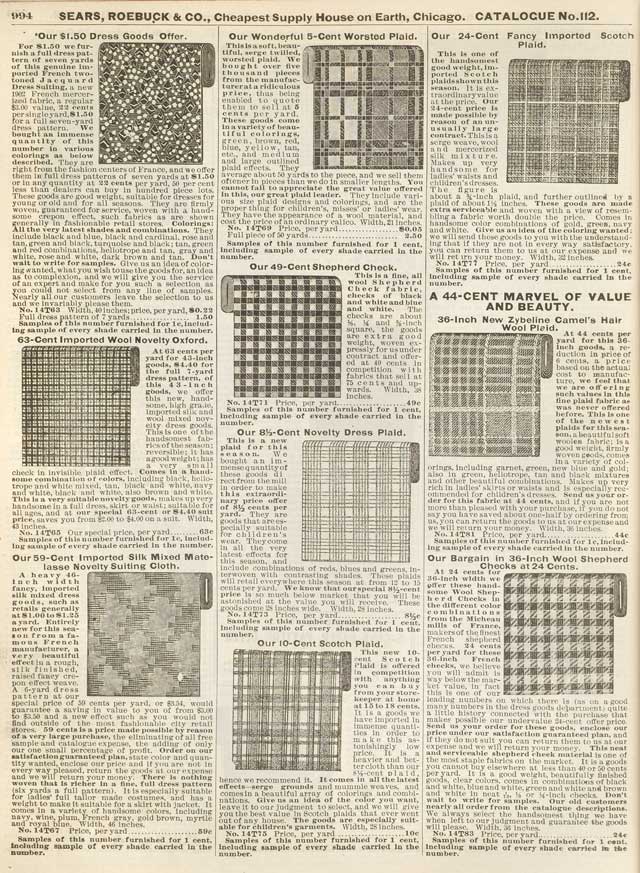 1898 Sears, Roebuck Fabric Choices