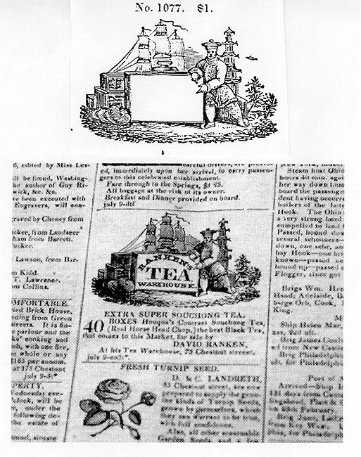 Top: Specimen of Printing Types and Ornaments Cast by L. Johnson (Philadelphia, 1844). Bottom: Advertisement for Ranken’s Tea Warehouse.