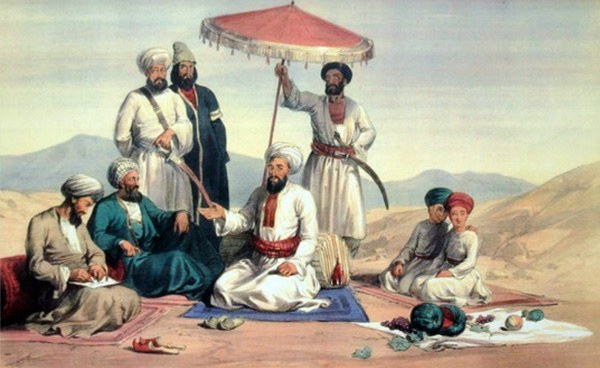 The image comes from the first Anglo Afghan war of 1839-1842. It shows Dost Mohammed, who was displaced by and then pensioned in India by the British during and after the war, at work with a state secretary in a small mobile court setting. The issue of Afghan pensioners in British India is mentioned in passing in this text and merits separate substantive examination. The issue of secretarial services during the 1880-1901 period of Abd al-Rahman's rule is addressed in Chapter 5