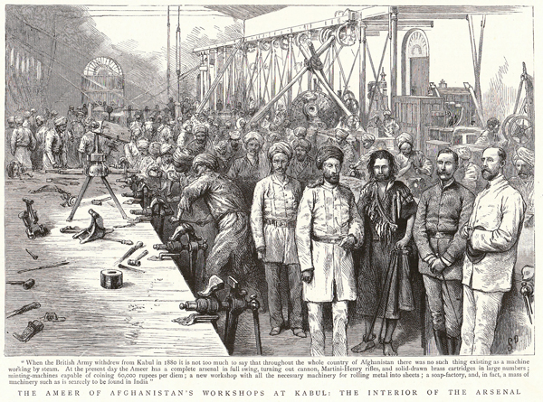 This image of the mashin khana is notable for referencing the use of steam power which was incorporated into older production processes involving ropes and pulleys. The original caption also compares the industries in Kabul with that of India, and it is important to note that most of Afghanistan's 'industrial modernity' was modeled on European processes and techniques as filtered through British India. In that sense India was Afghanistan's window and doorway to the world, and the Europeans employed by Abd al-Rahman such as those portrayed in this image were the key actors in this transfer of modern technology, much of which was geared towards the production of military hardware and supplies. See Chapter 4 for more attention to the mashin khana, and below for a state document dealing with the movements of one of those European technocratic confidantes of Abd al-Rahman
