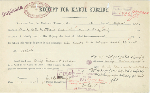The subsidy was arguably the key element in Anglo-Durrani relations throughout the nineteenth and well into the twentieth century. Although this particular subsidy receipt comes from 1908, it represents an extremely important component in the structure of relations between the Durrani state and British India during the 1800s