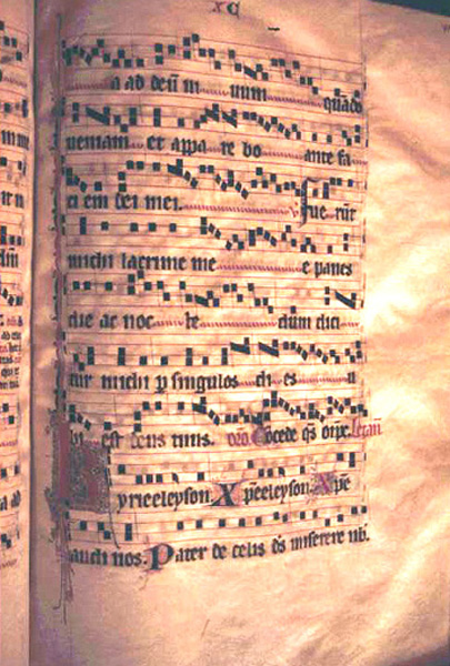 Beginning of the Litany of the Saints. Fourteenth-century gradual from Unterlinden. Ms. 136, f. 91r, Bibliotheque de la Ville, Colmar, France.