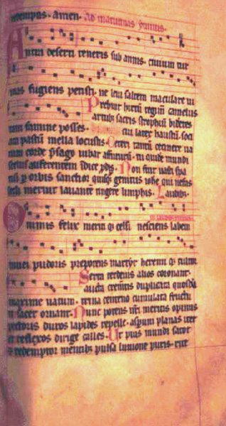 Hymn for the nativity of John the Baptist continued. Thirteenth-century ferial Psalter-hymnal from Unterlinden. Ms. 301, f. 126r, Bibliotheque de la Ville, Colmar, France.