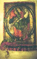 St. Michael in initial Q. Female Dominican Psalter after 1234. St. Peter perg 11a, f. 34v, Badische Landesbibliothek, Karlsruhe, Germany.