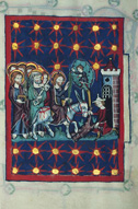 Miniature of Christ's entry into Jerusalem. Early fourteenth-century book of rites and processional from St. Agnes in Strasbourg. St. Peter perg 21, f. 12r, Badische Landesbibliothek, Karlsruhe, Germany