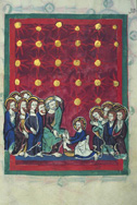 Miniature of Christ washing the apostles' feet. Early fourteenth-century book of rites and processional from St. Agnes in Strasbourg. St. Peter perg 21, f. 30r, Badische Landesbibliothek, Karlsruhe, Germany