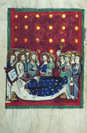 Miniature of the Death of the Virgin Mary. Early fourteenth-century book of rites and processional from St. Agnes in Strasbourg. St. Peter perg 21, f. 50v, Badische Landesbibliothek, Karlsruhe, Germany