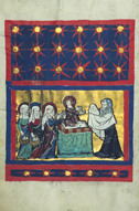 Miniature of presentation of Christ. Early fourteenth-century book of rites and processional from St. Agnes in Strasbourg. St. Peter perg 21, f. 5v, Badische Landesbibliothek, Karlsruhe, Germany