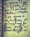 Page with drolleries. Early fourteenth-century processional from a female Dominican house in Strasbourg. St. Peter perg 22, f. 22r, Badische Landesbibliothek, Karlsruhe, Germany.