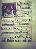 Page with miniature of the death of a Dominican nun. Early fourteenth-century processional from a female Dominican house in Strasbourg. St. Peter perg 22, f. 33r, Badische Landesbibliothek, Karlsruhe, Germany.