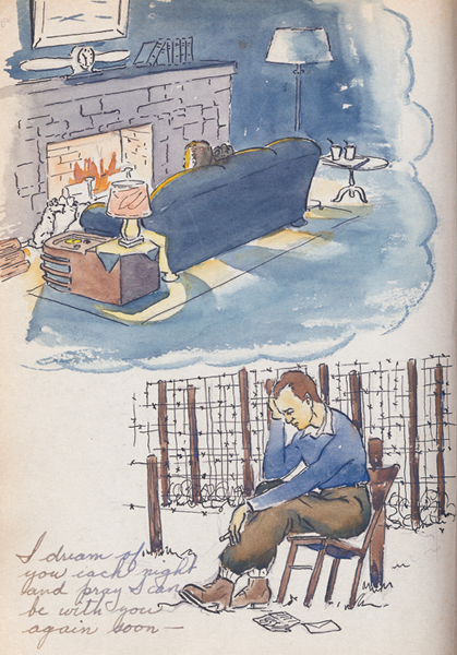 Pilot C. Ross Greening imagined this domestic scene while in combat. Greening later depicted his longing for home in this painting, produced while he was imprisoned in Stalag Luft 1.