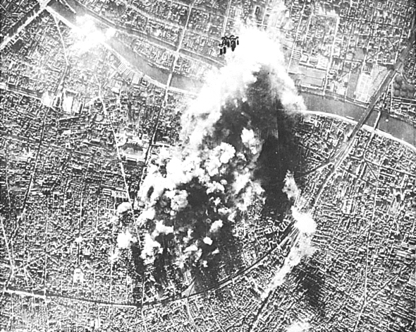 An aerial view of an American bombing raid on Paris.